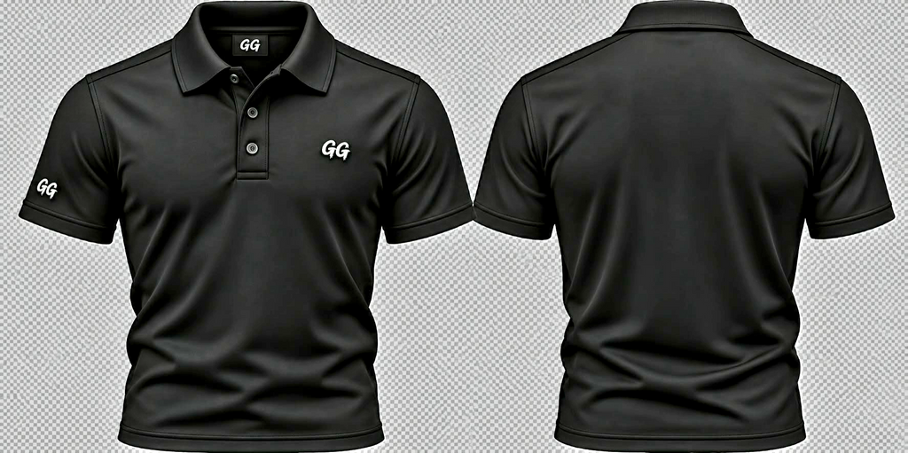 Front and back views of a black short-sleeve GG golf polo with white chest and sleeve logos