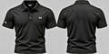 Front and back views of a black short-sleeve GG golf polo with white chest and sleeve logos