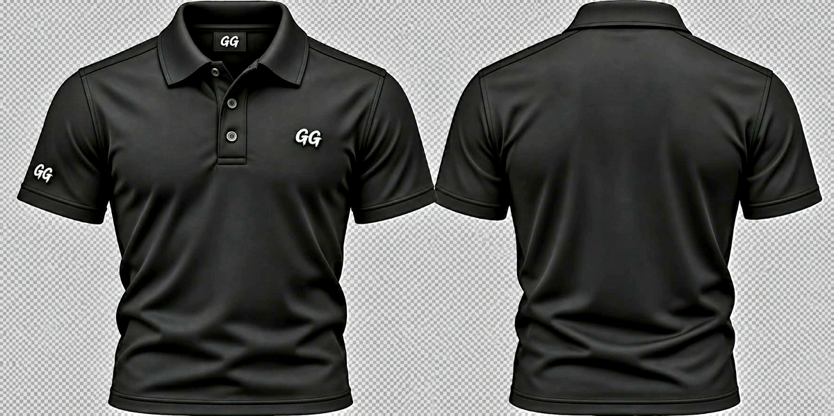 Front and back views of a black short-sleeve GG golf polo with white chest and sleeve logos