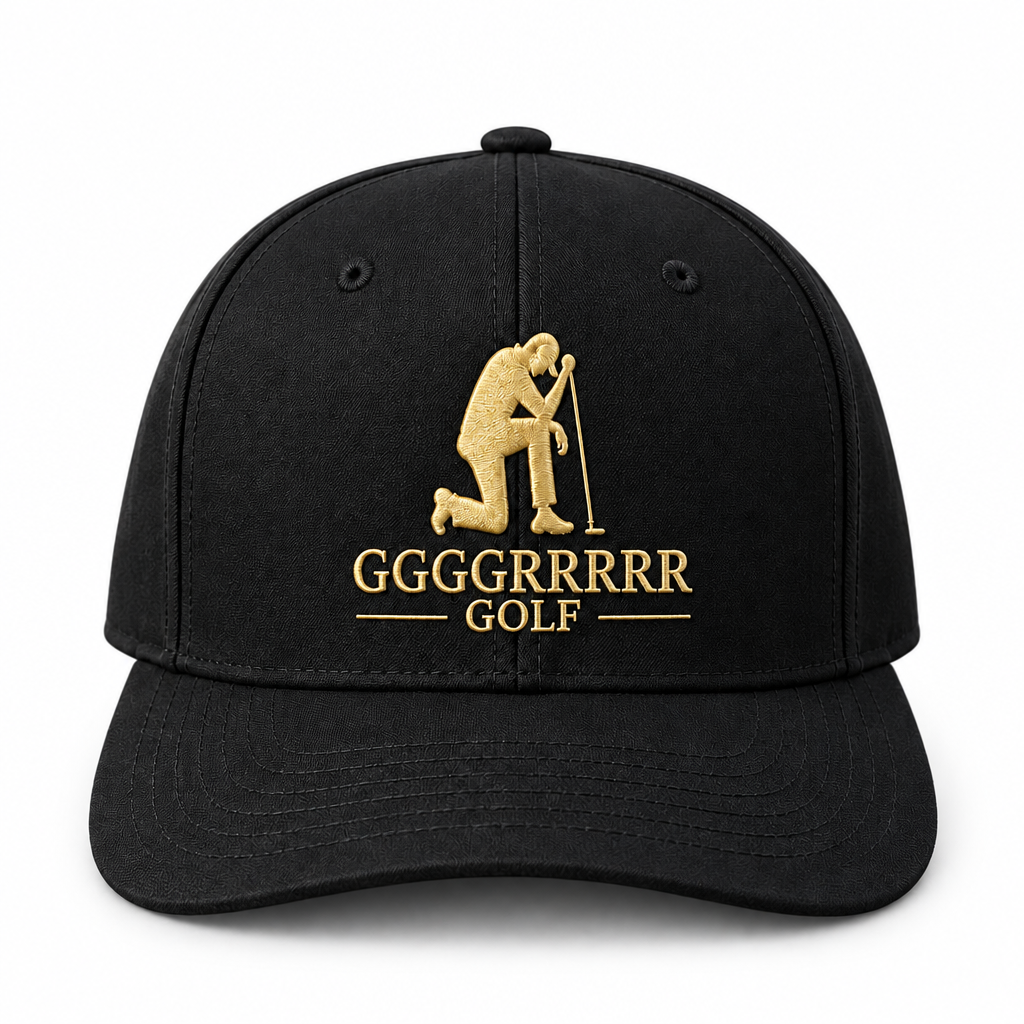 Black-and-gold Defeated Golfer snapback studio image