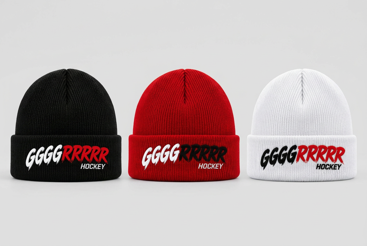 GGGGRRRRR HOCKEY lettering-only toques in black, red, and white